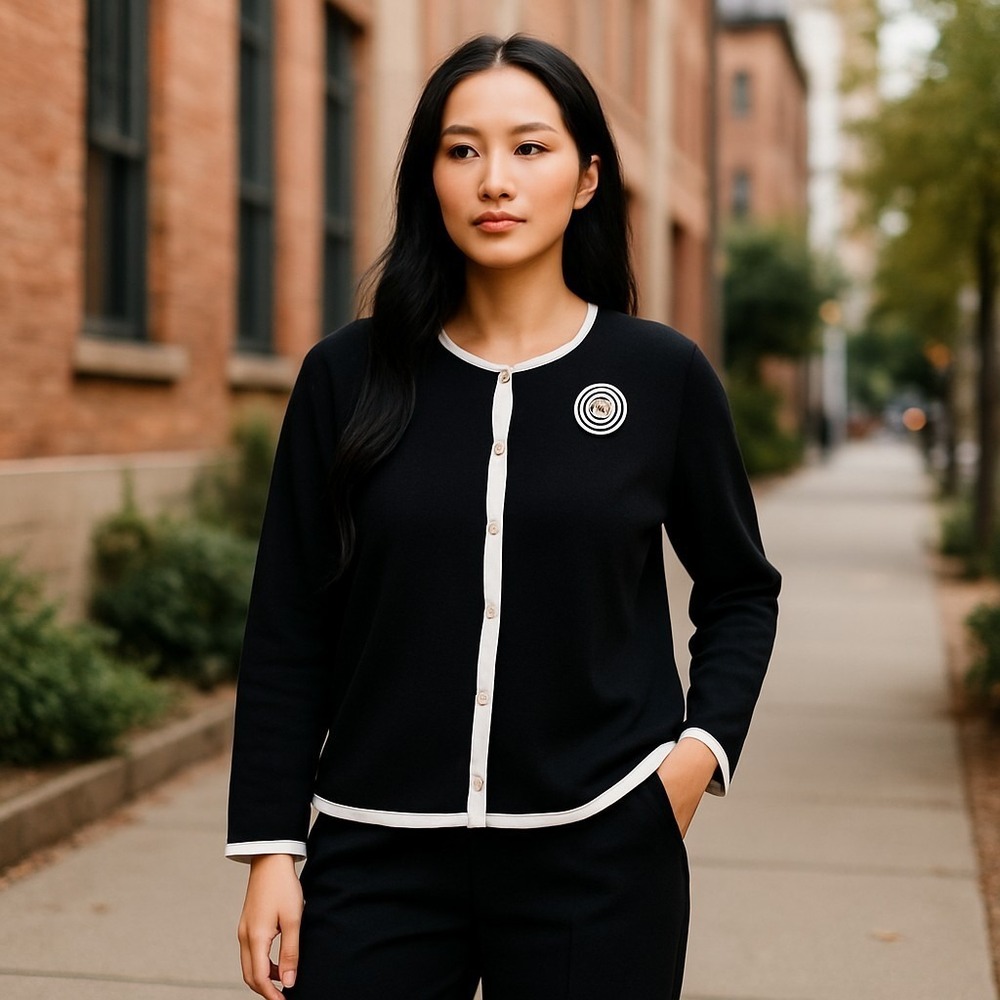 Sag Harbor Women's Black White Cardigan 3X Long Sleeve Button Front Rayon Career